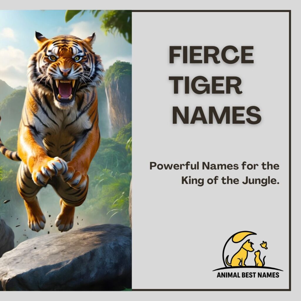 A powerful and fierce tiger standing majestically in the jungle, perfect for inspiring strong and bold names for tigers or pets.