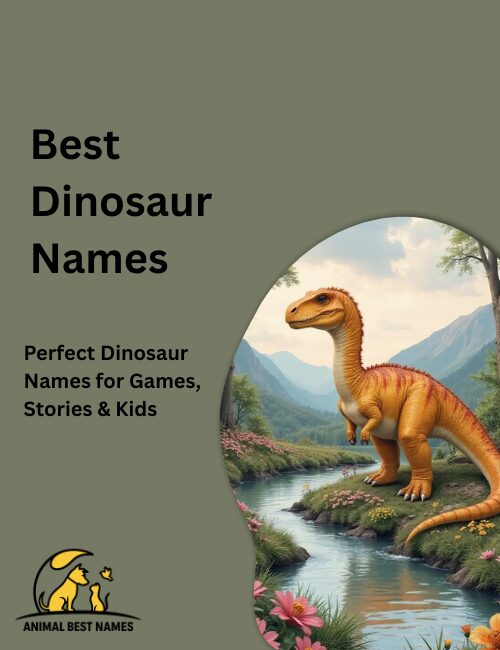 Large, detailed dinosaur standing in a prehistoric landscape with ferns and mountains, surrounded by a list of popular dinosaur names.
