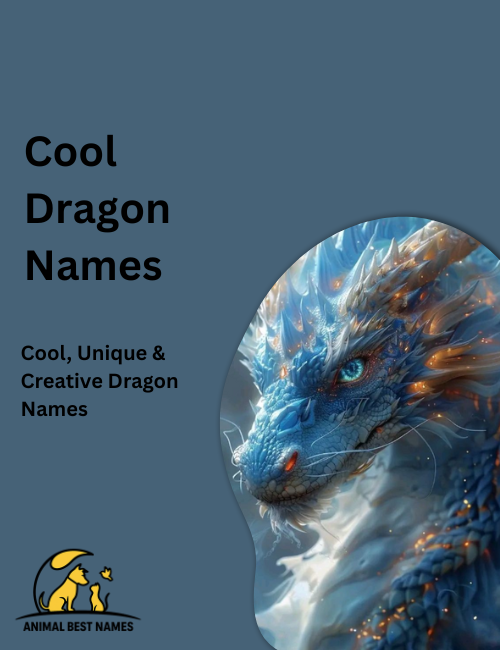 Stylish illustration of a sleek dragon with sharp features, calm expression, and glowing accents, placed beside a modern layout of cool dragon names.
