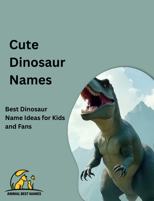 Small, cartoon-style dinosaur with big sparkling eyes, rounded features, and a cheerful expression, surrounded by playful decorations.