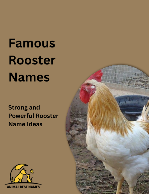 Iconic rooster names from cartoons and folklore, each with distinctive feathers and expressions, standing together in a lively farm scene.