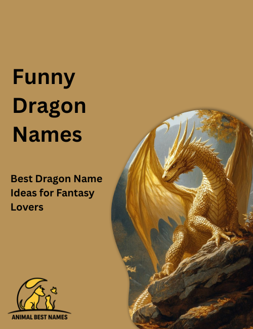 Playful illustration of a goofy dragon with a big smile, round eyes, and tiny wings, shown alongside a colorful list-style layout of funny dragon names.