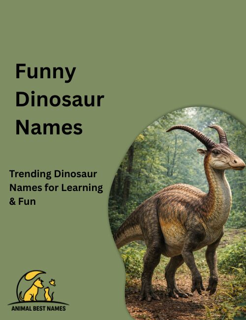 Cartoon dinosaur with a goofy expression, big eyes, and exaggerated features, surrounded by playful elements and a list of funny names.