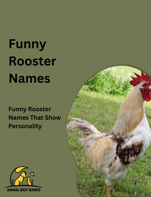 Cartoon-style rooster with exaggerated comb and wide eyes, standing comically on a fence in a bright farmyard.