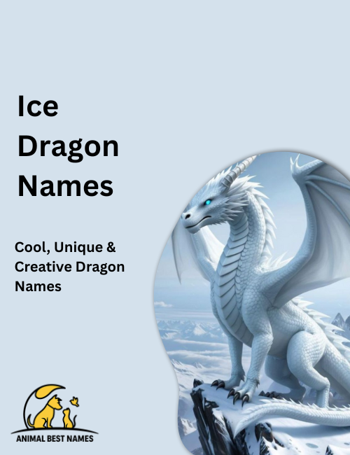 Icy dragon with frosted scales and glowing blue eyes, breathing cold mist in a snowy landscape with sharp ice formations around.
