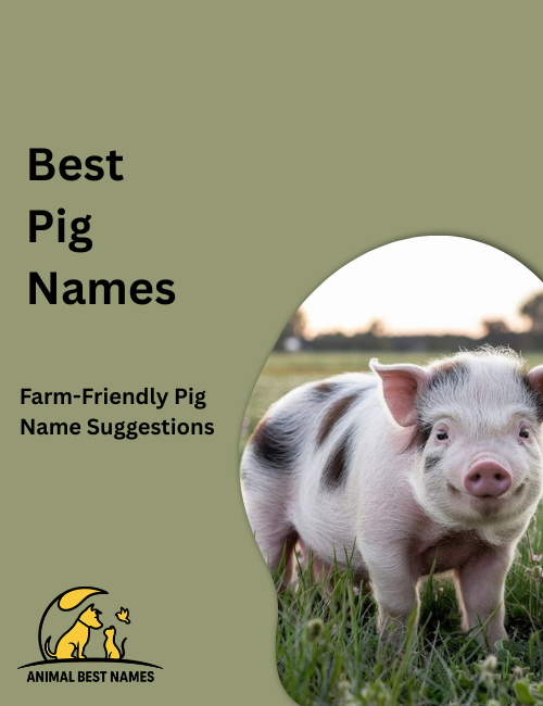 Healthy pink pig with bright eyes and smooth skin, standing happily in a sunny farmyard with green grass.