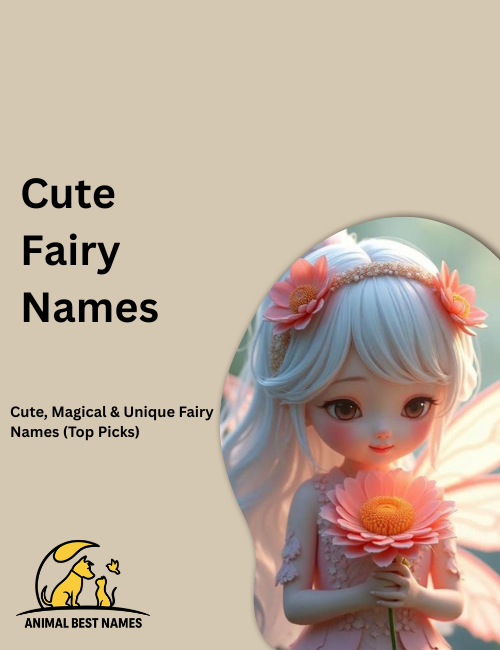 Adorable fairy with tiny glowing wings and a soft pastel dress, floating happily in a bright enchanted garden filled with flowers.