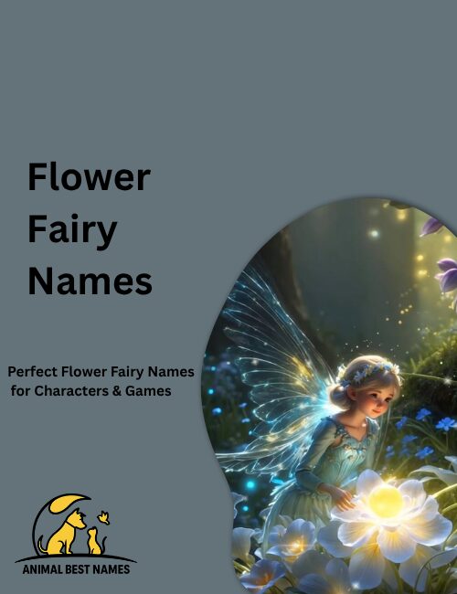 Flower fairy with colorful wings and floral dress, standing in a blooming garden filled with bright flowers and soft sunlight.