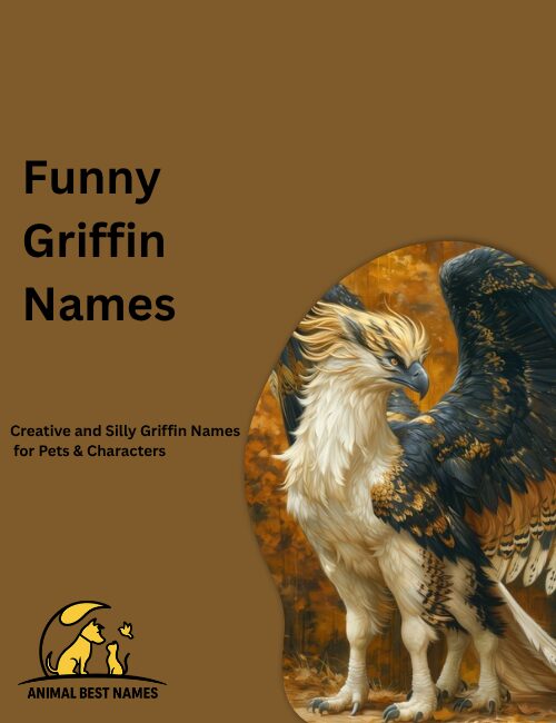 Funny griffin with a goofy expression, slightly messy feathers, and playful lion body, standing in a bright fantasy meadow.