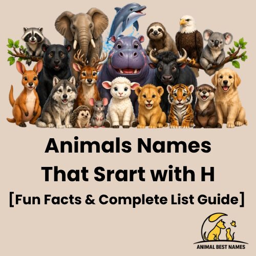 Collection of cute wild animals with heading Animals Names That Start with H on a beige educational poster design.