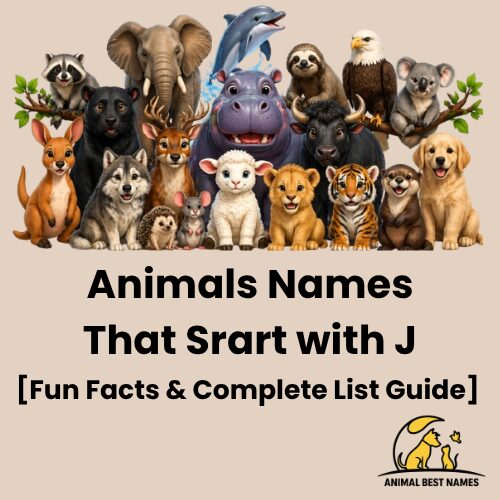 Collection of cute wild animals with heading Animals Names That Start with J on a beige educational poster design.
