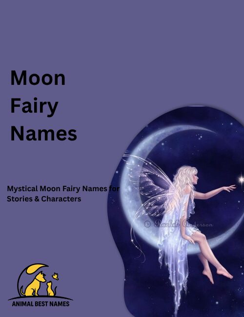 Moon fairy with glowing silver wings, sitting gracefully on a crescent moon in a starry night sky.