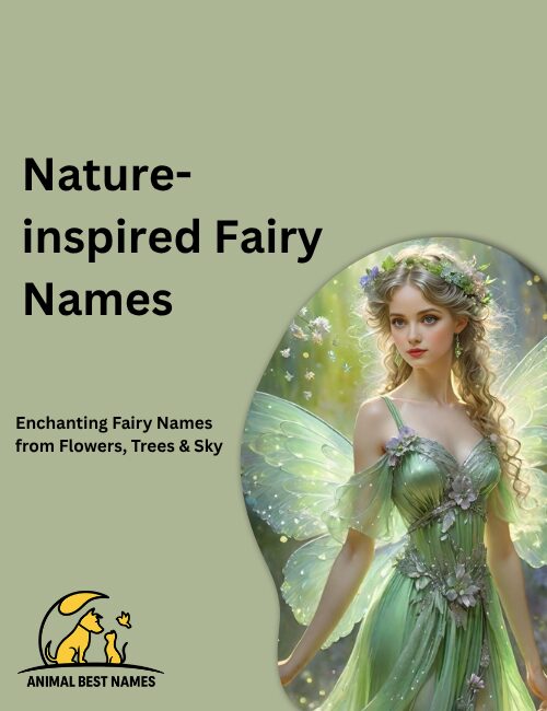 Nature fairy with green glowing wings, standing in a lush forest surrounded by flowers, leaves, and soft sunlight.