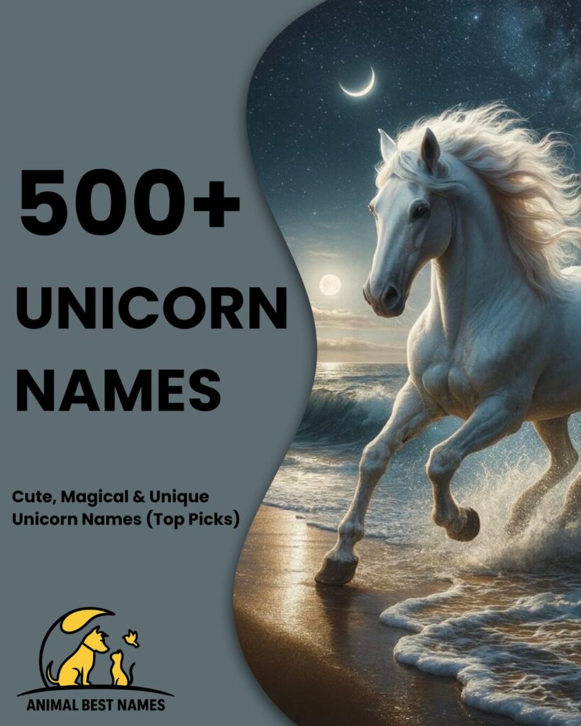 Unicorn-themed homepage layout with a glowing horned unicorn in the banner, pastel clouds, and neatly organized name sections below.