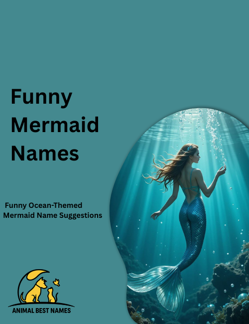 Cartoon mermaid with a goofy smile, messy hair, and a bright colorful tail, floating playfully in a lively underwater scene.
